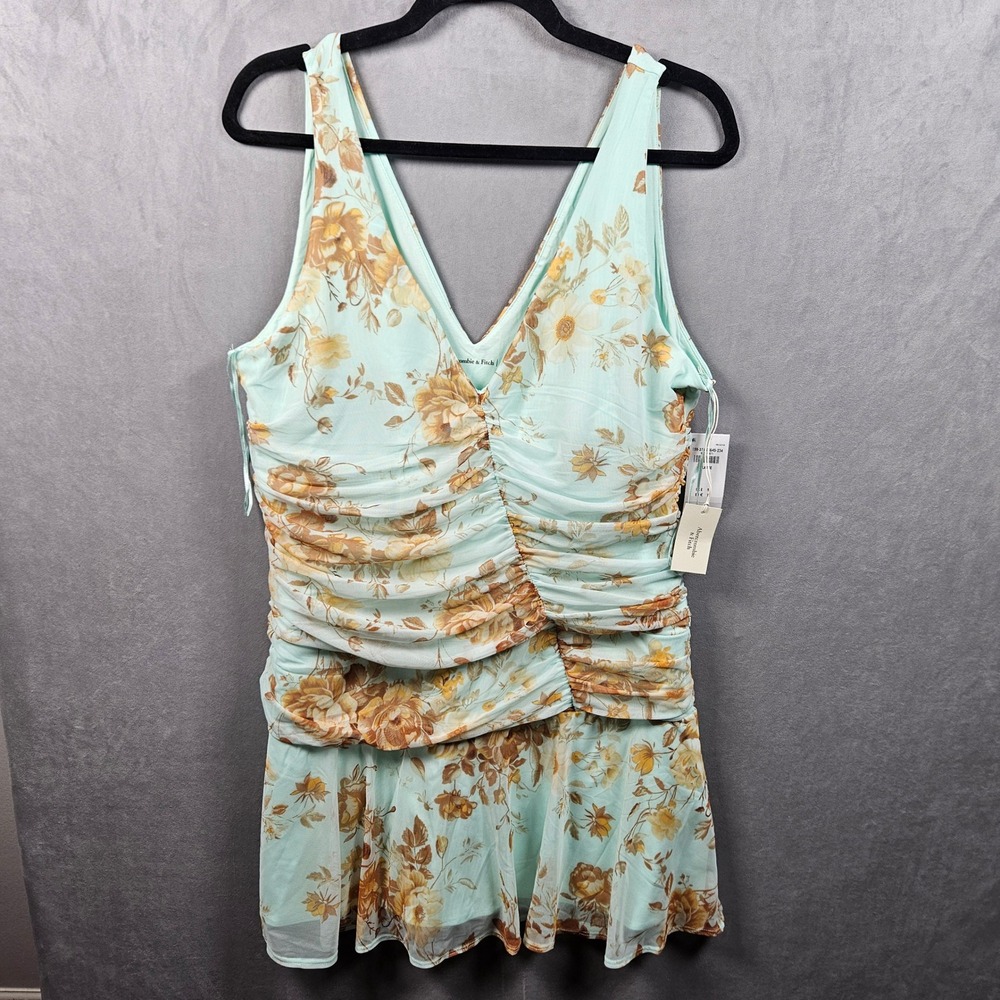 NEW Abercrombie & Fitch Mini Dress Womens XL Mint Green Floral Ruched Lined
